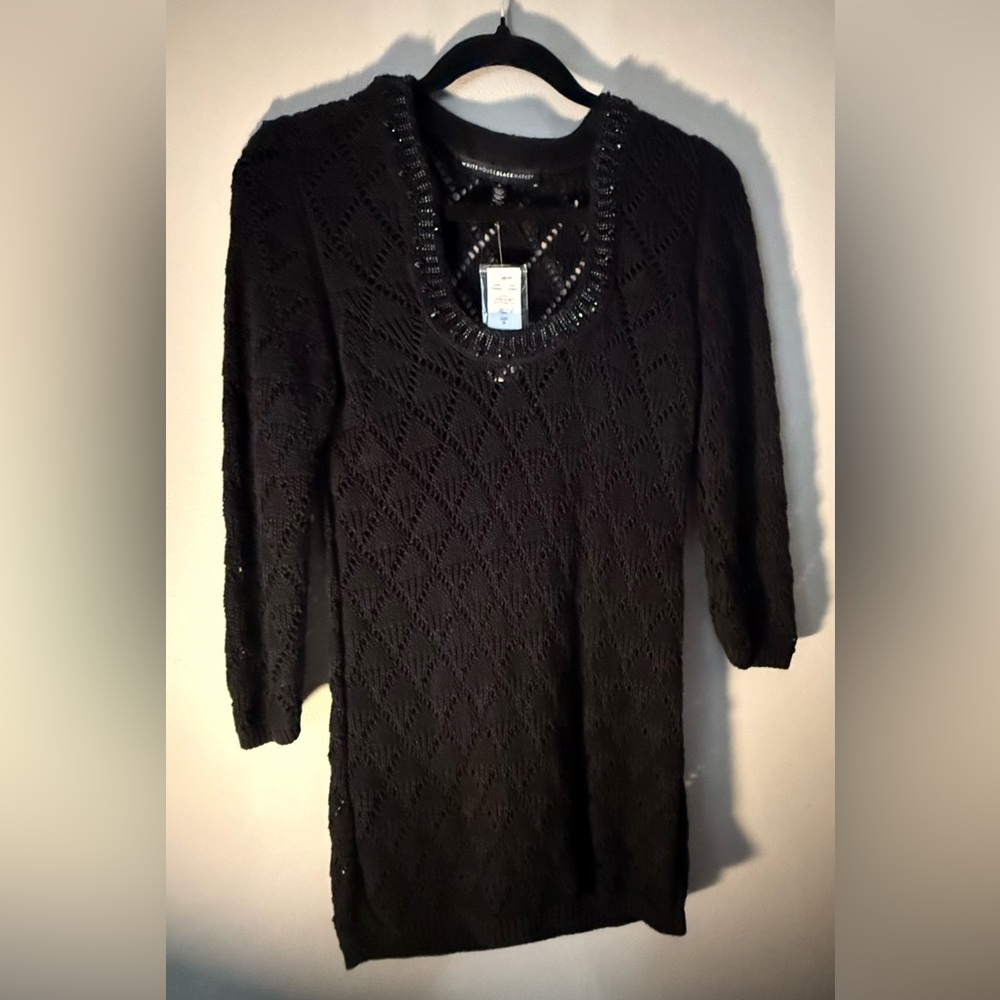 NWT White House Black Market Black Knit Tunic with Beaded Detail - small